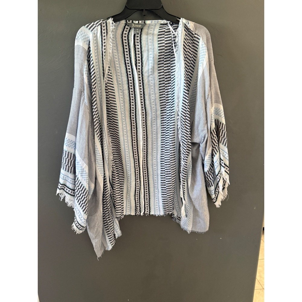 Natural Reflections Blue Striped Frayed Kimono Wrap L/XL Coastal Cardigan
